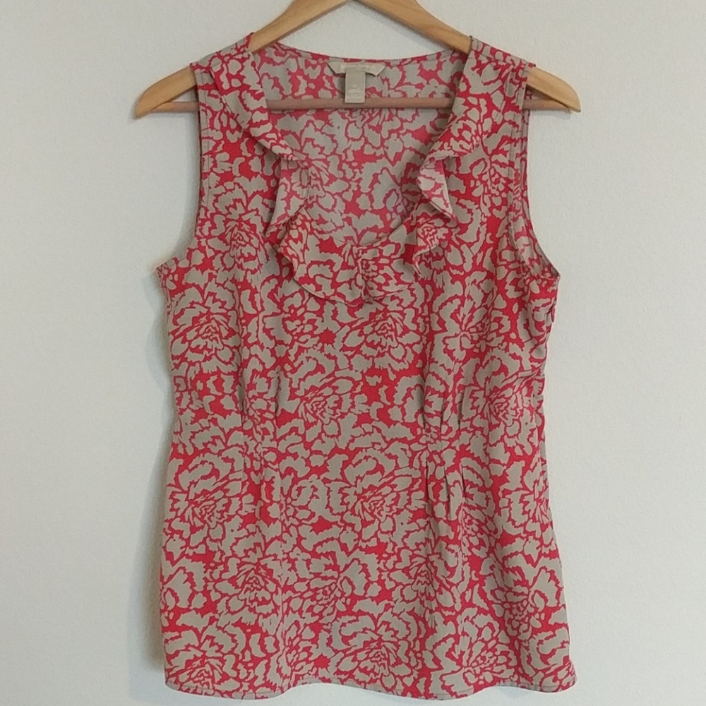 Banana Republic Pink and Cream Floral Ruffle Sleeveless Top